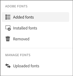 Screenshot of Adobe Creative Cloud desktop app showing the categories of Adobe Fonts: Added Fonts, Installed Fonts, Removed Fonts, and Uploaded Fonts