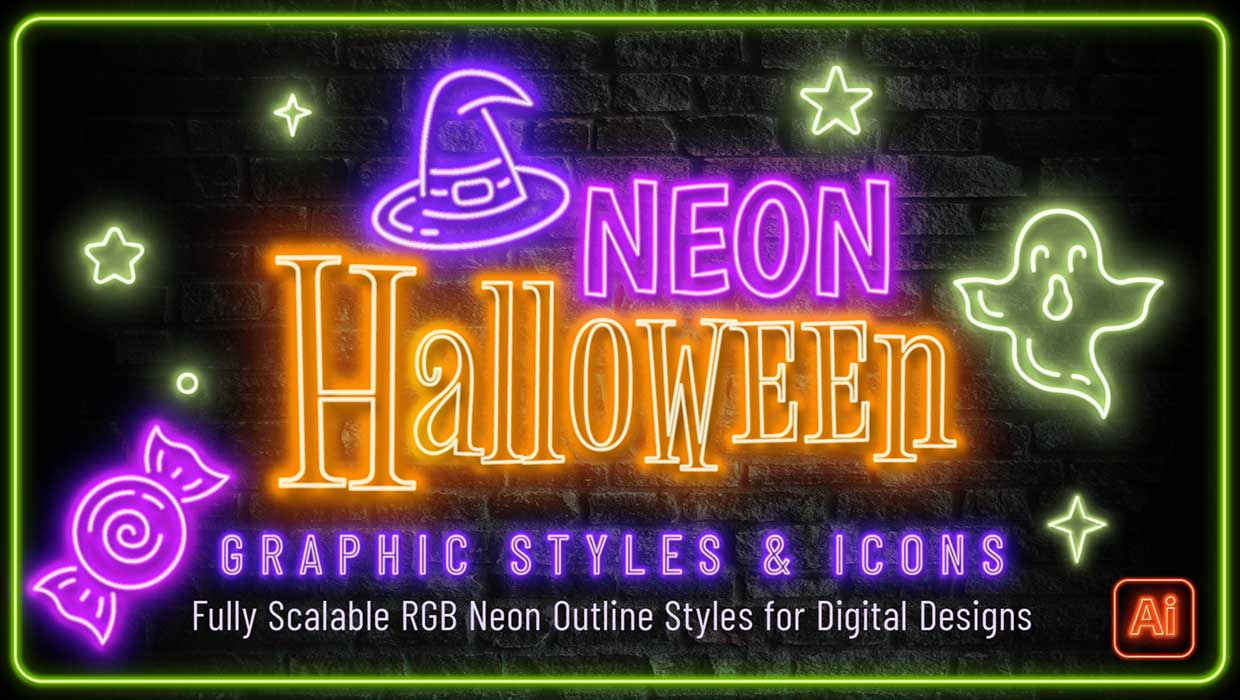 Neon Halloween graphic styles and icons for Adobe Illustrator