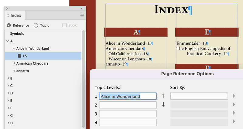 screenshot of Adobe InDesign document containing an index, with the Index panel and Page Reference Options dialogs open
