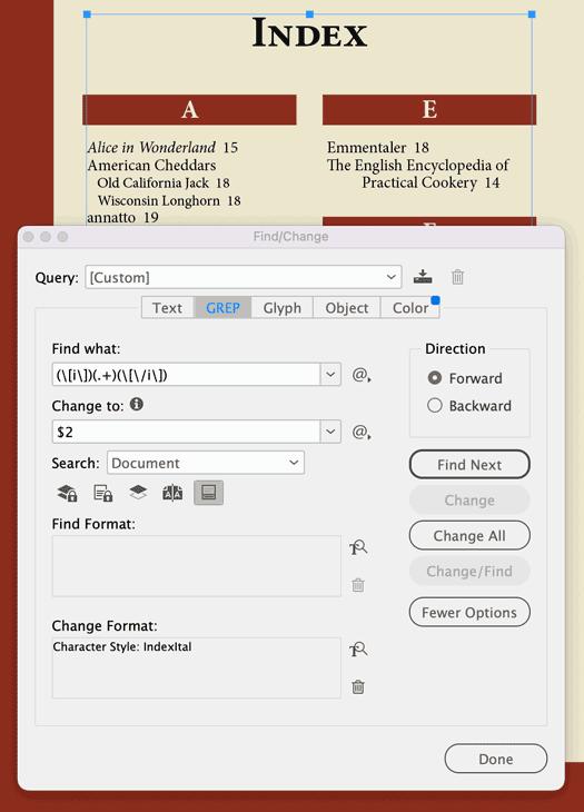 The results of Find/Change to replace custom tagging with italics in an InDesign index.