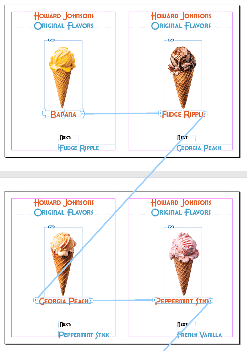 screenshot of Adobe  InDesign document pages with Howard Johnson's ice cream flavors