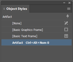 Screenshot from Adobe InDesign Object Style panel showing an object style to apply an artifact tag to placed images