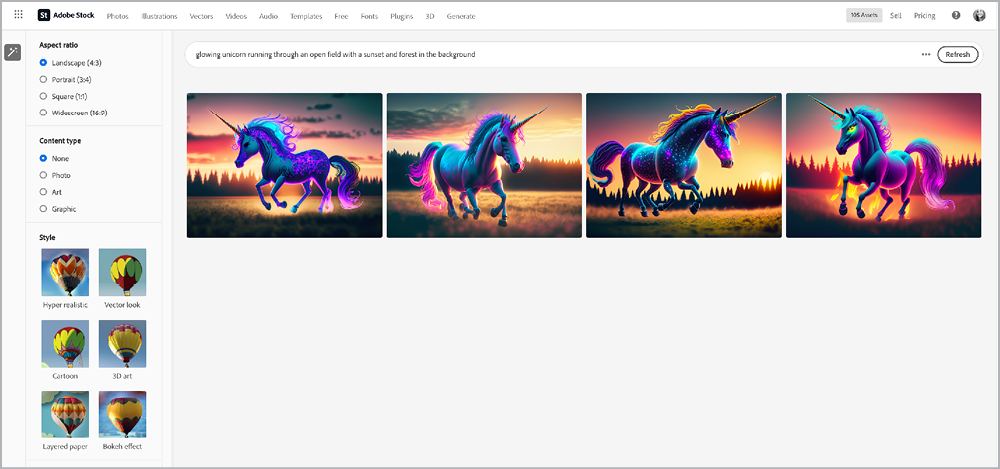 Figure 12. The results of a Generate search for glowing unicorn running through an open field with a sunset and forest in the background