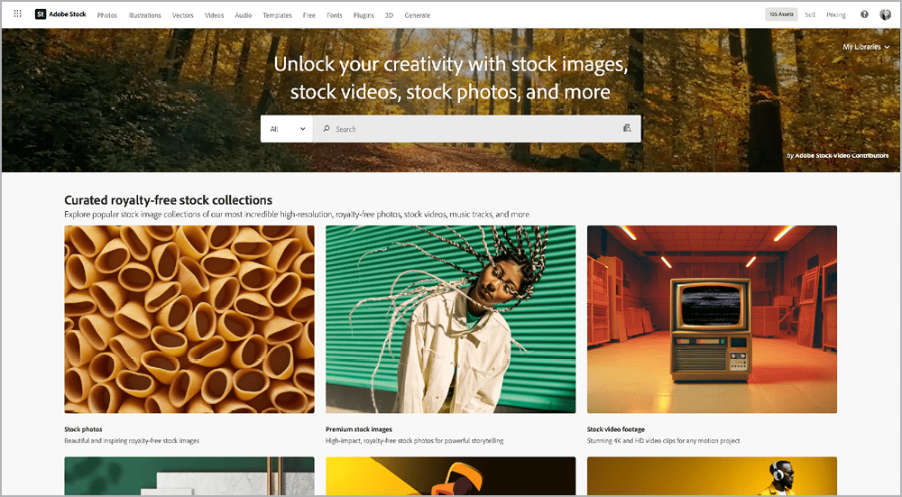 Figure 1. The Adobe Stock home page featuring a menu, search engine, and curated collections