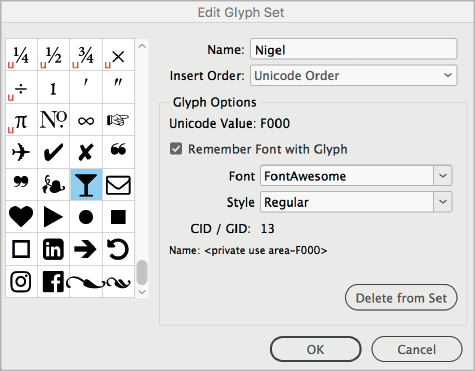 Figure 2. Glyphs that have Remember Font with Glyph selected are associated with a specific font; those that don’t (indicated by the U in the lower-left corner of the character box) will appear in the currently selected font.