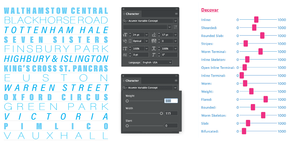 Figure 30. In this example, all the type is in the same font (Acumin Variable Concept), at the same size (24 point). The variations come from using the Weight, Width, and Slant sliders. While most variable fonts have 1, 2, or 3 axes, some experimental fonts have considerably more like David Berlow’s Decovar, whose 15 axes are shown here.