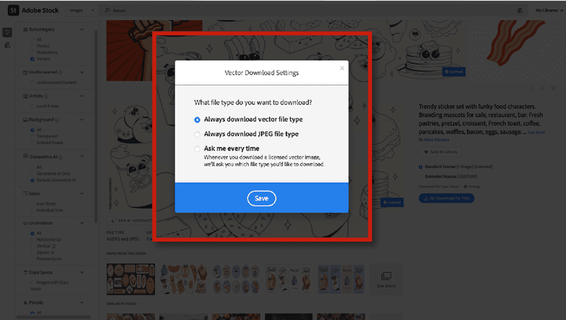 Figure 3. Select your file preference for Vector Downloads.