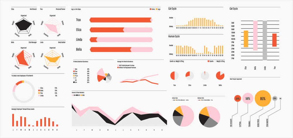 Figure 4. A sample of the wide variety of chart styles that can be generated with Chartwell. Any chart title, data, or axis labeling is added manually.