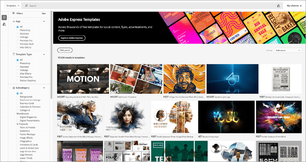 Figure 9. Template search results and the Filter panel