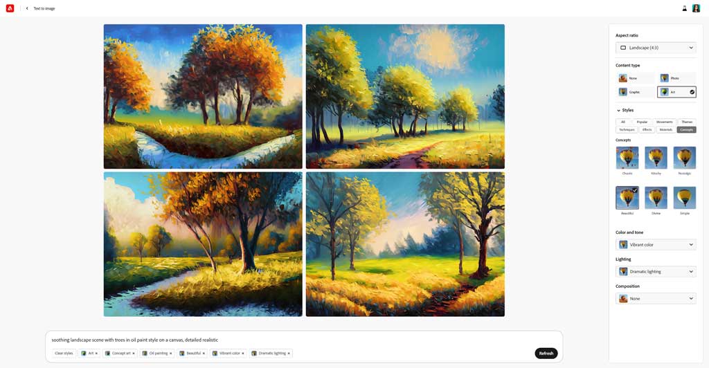 generative AI image made from the prompt: "soothing landscape scene with trees in oil paint style on a canvas, detailed realistic"