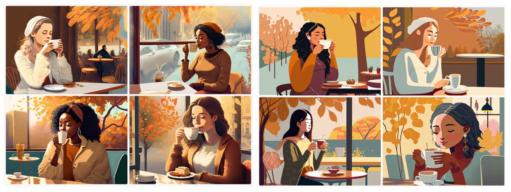 generative AI images created from the prompt: "autumn scene with woman sipping coffee in a cafe"