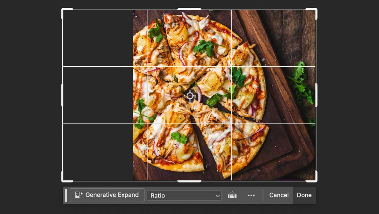 Uncropping an image of a pizza using Generative Expand in Adobe Photoshop