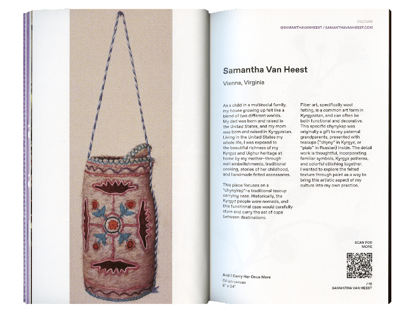 Figure 11. Many of the submissions for Origins came from artists from outside Canada, like this work by an American artist. Note the QR code in the bottom corner of the page, which reveals a photograph of the artist’s grandmother.