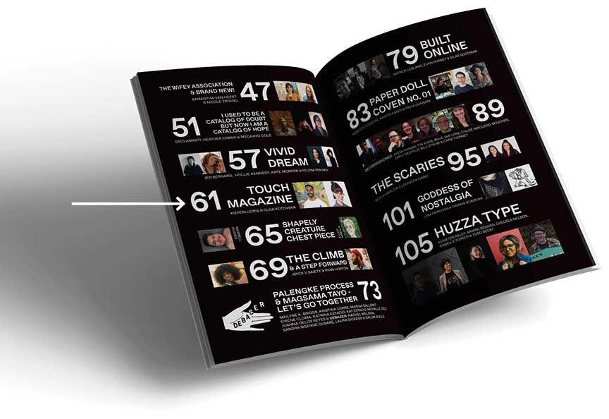 Figure 17. Poirier and Bédard’s design collaborator Émilie Brunet created this intricate table of contents for the issue, featuring photographs of every artist featured in the zine. Can you find Kieron Lewis, another of our featured InDesigners?