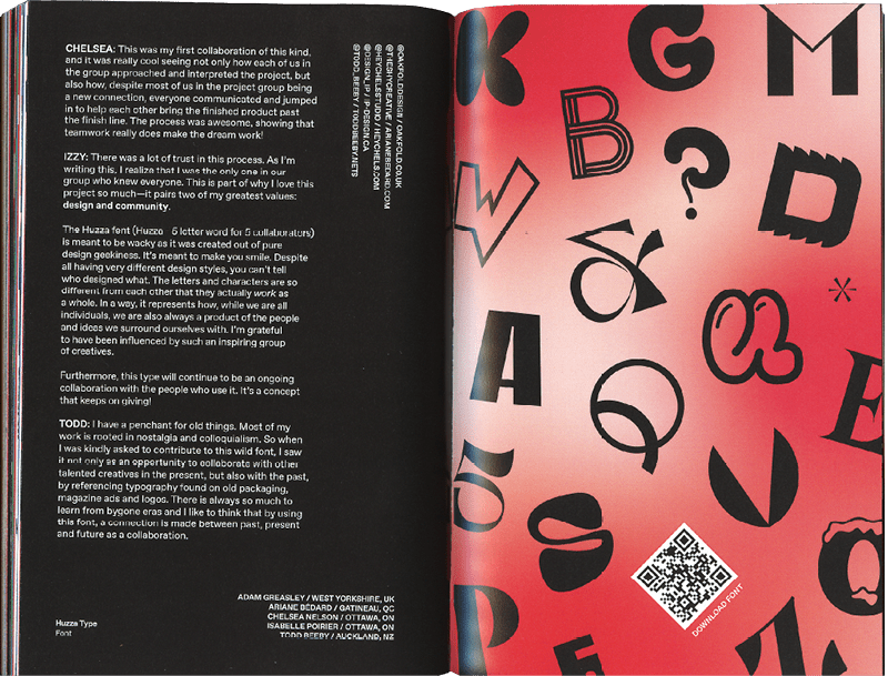 Figure 19. Poirier and her four other collaborators each created a handful of letter designs for the Huzza font, which is available to download via QR code in Collaboration.