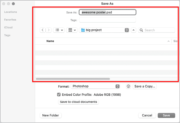 Figure 1. A standard Save As dialog box in Adobe Photoshop, with a folder selected on the computer’s internal storage