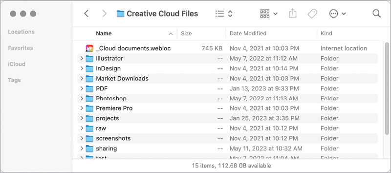 Figure 2. The Creative Cloud Files folder on a computer… but not for much longer. _Cloud Documents.webloc is really a web shortcut, because Cloud Documents are different than Creative Cloud files.