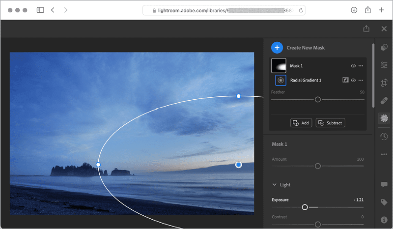 Figure 6. Editing a Lightroom Photos image in the Lightroom web browser app