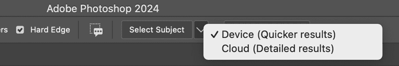 Figure 7. You can choose between local and cloud processing for Select Subject in Photoshop.