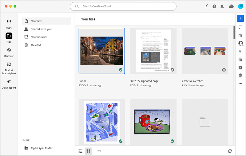 Figure 9. In the Creative Cloud Desktop app, you can view synced content from multiple applications. At the bottom is the soon-to-disappear Open Sync Folder button to Creative Cloud Files.