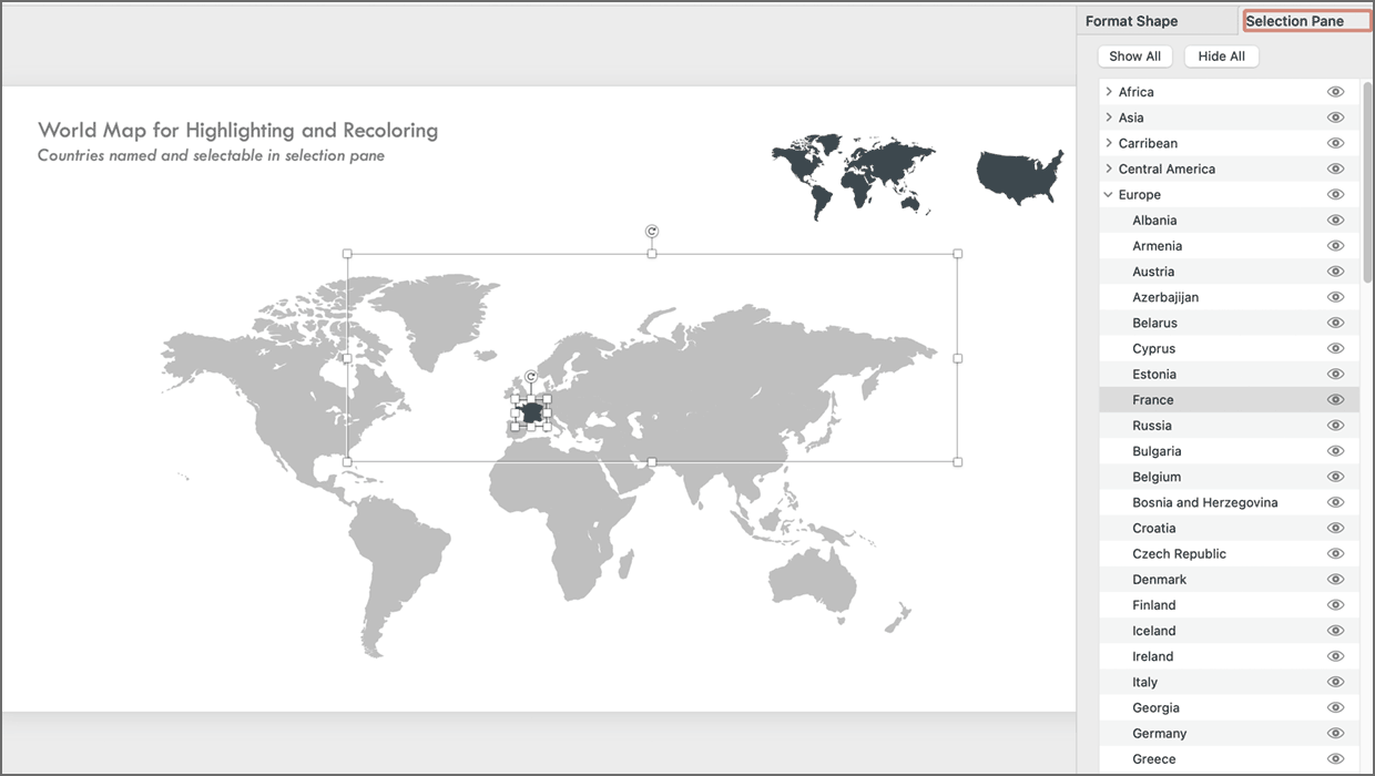 PowerPoint template containing maps of the United States and the world