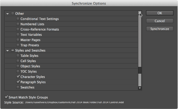 InDesign Synchronize Options Dialog Box