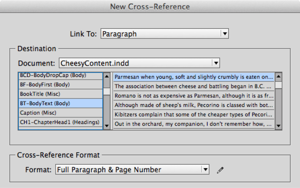 New cross-reference dialog box