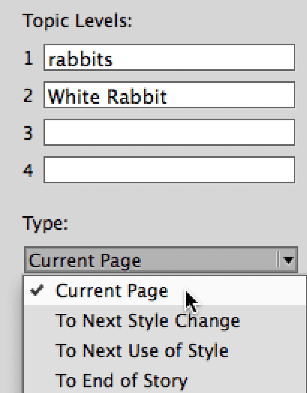 New Page Reference Dialog Box topic levels