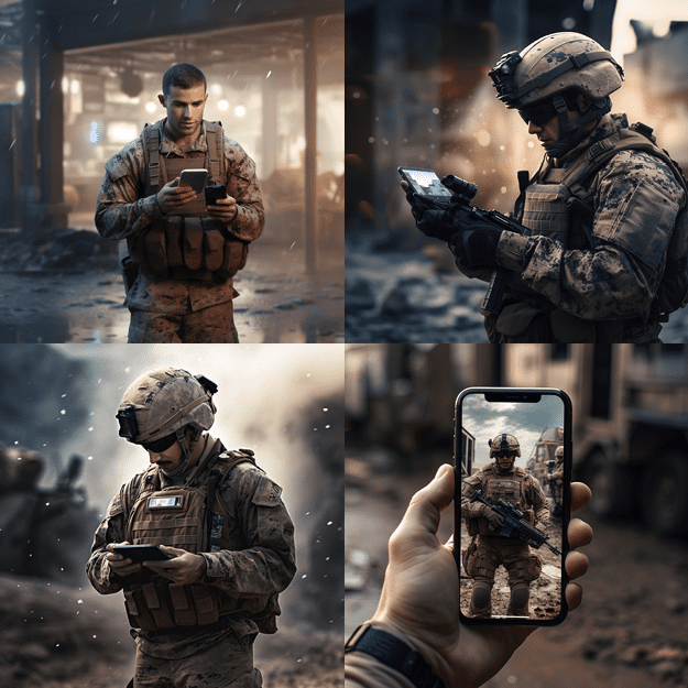 Figure 9. Midjourney images generated with the prompt a photorealistic warfighter in the field with camouflage looking at a smartphone