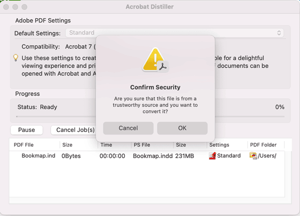Acrobat Distiller security alert