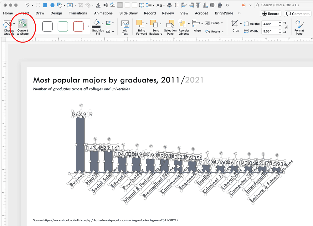 Figure 4.Use the Convert to Shapes tool under the Graphic Format tab to break your SVG apart into a group of individual shapes, then ungroup the group.