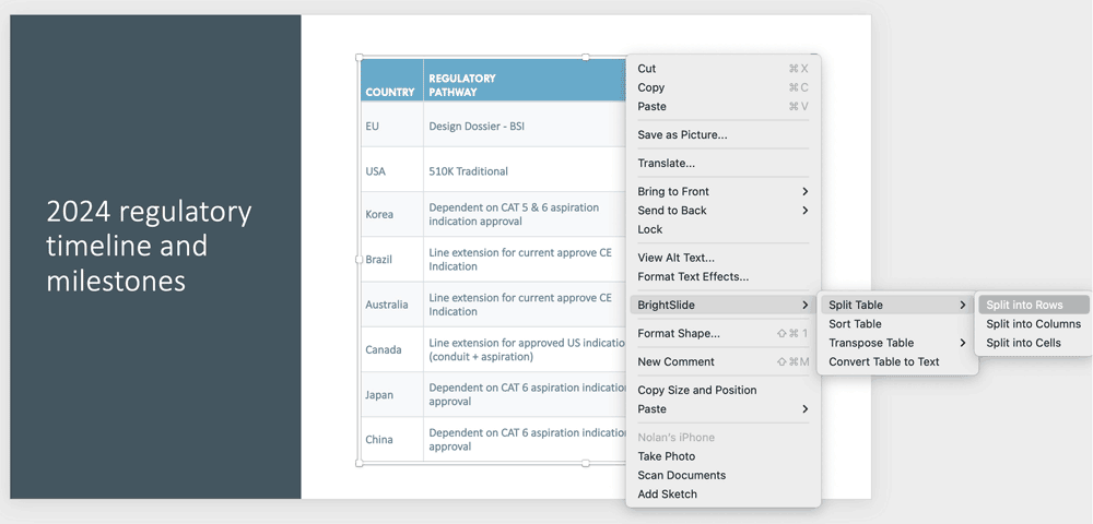 Figure 8.If you have the Brightslide add-in installed, you can right-click any table and split it into rows, columns, or even cells.