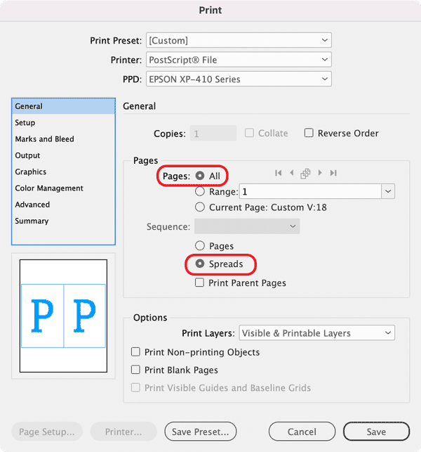 InDesign Print General options