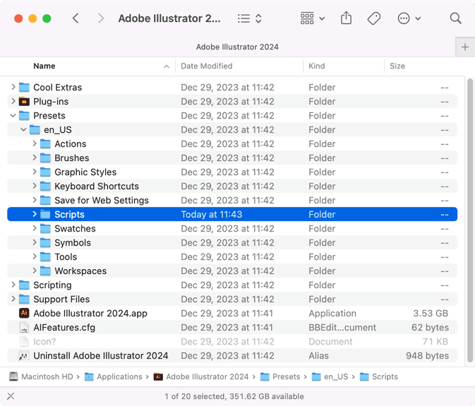 Scripts folder within the Adobe Illustrator application folder