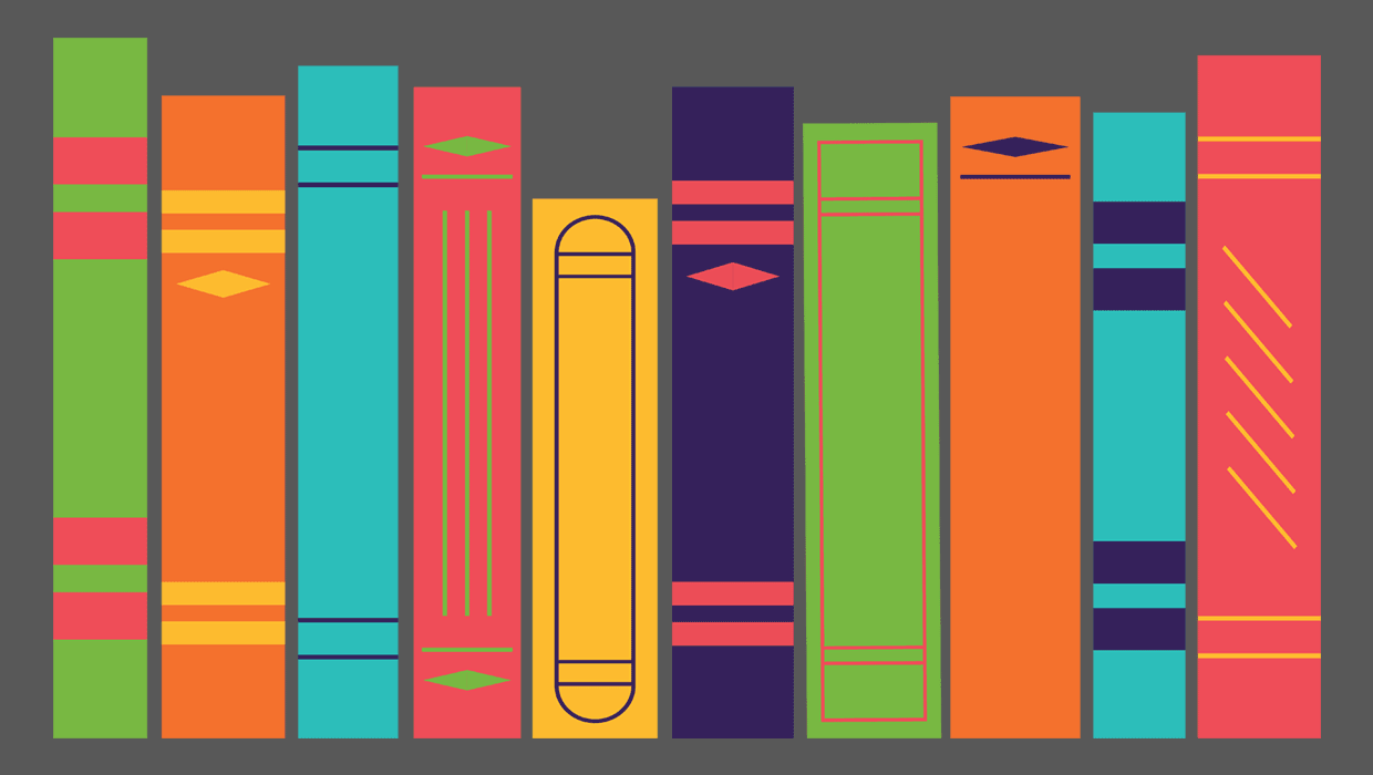 ten books lined up on shelf