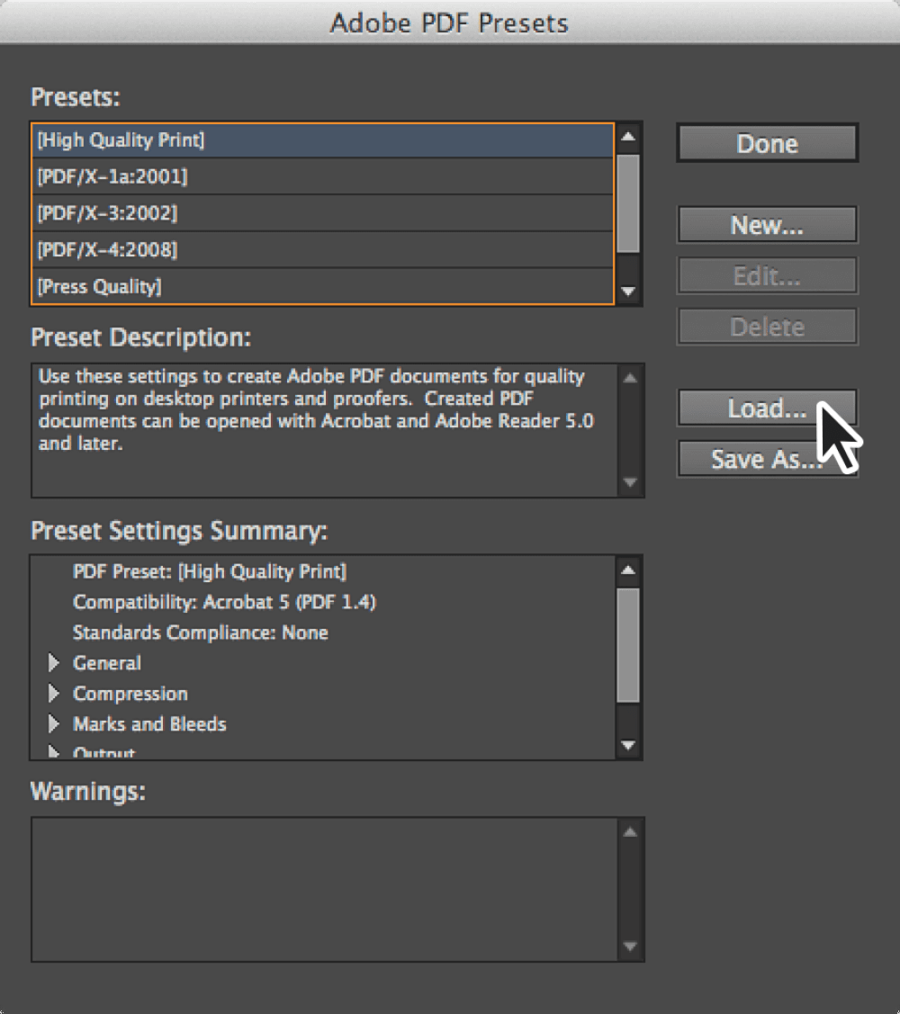Adobe PDF Presets menu