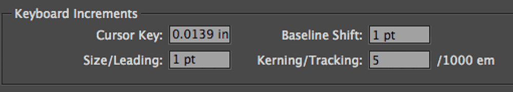 Keyboard increments "cursor key: 0.0139 in, size/leading: 1 pt, baseline shift: 1 pt, kerning/tracking 5/1000 em"