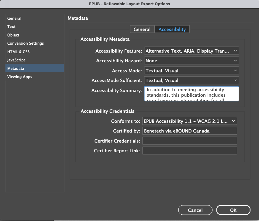 Accessibility tab on the Metadata window of the EPUB export options in Adobe InDesign