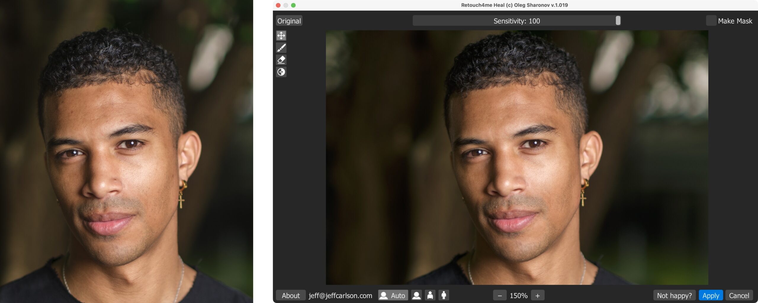 Before and after version of a portrait of a young man. In the first image, you can see minor blemishes on his forehead. In the second image, a screenshot of the plug-in Retouch4Me, the blemishes are gone.