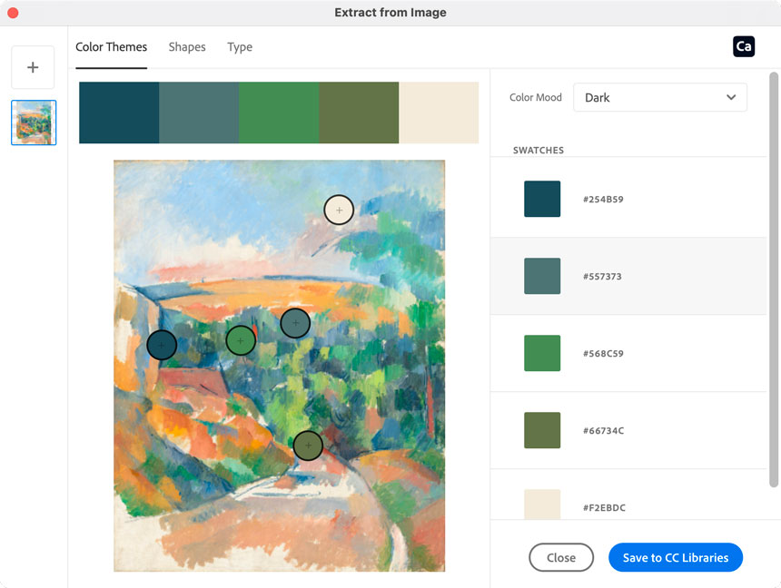 Extract From Image dialog box in Adobe InDesign showing how to manually sample different colors from a placed image by picking a different Color Mood