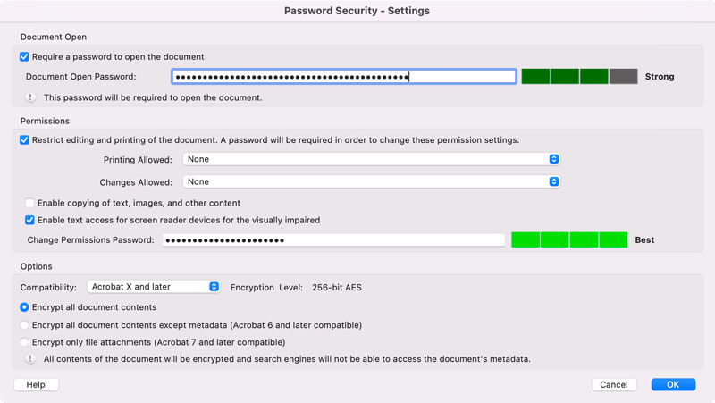 Adobe Acrobat Password Security Settings dialog box