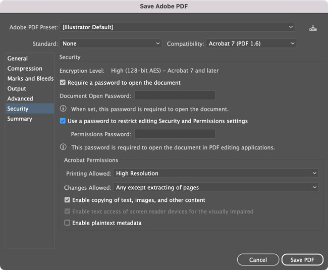 Save Adobe PDF dialog box in Illustrator, displaying Security options