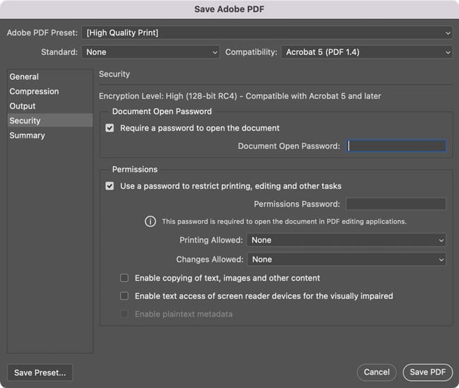 Save Adobe PDF dialog box in Photoshop, displaying Security options
