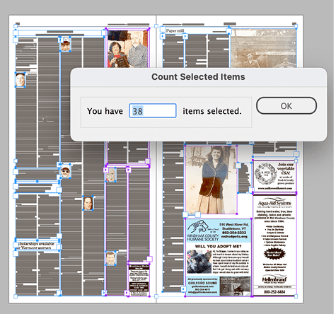 Figure 5. Count objects on a spread with the Count Selected Items script.