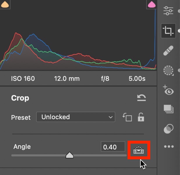 The Camera Raw interface showing the Crop tools and a callout around the Straighten tool.