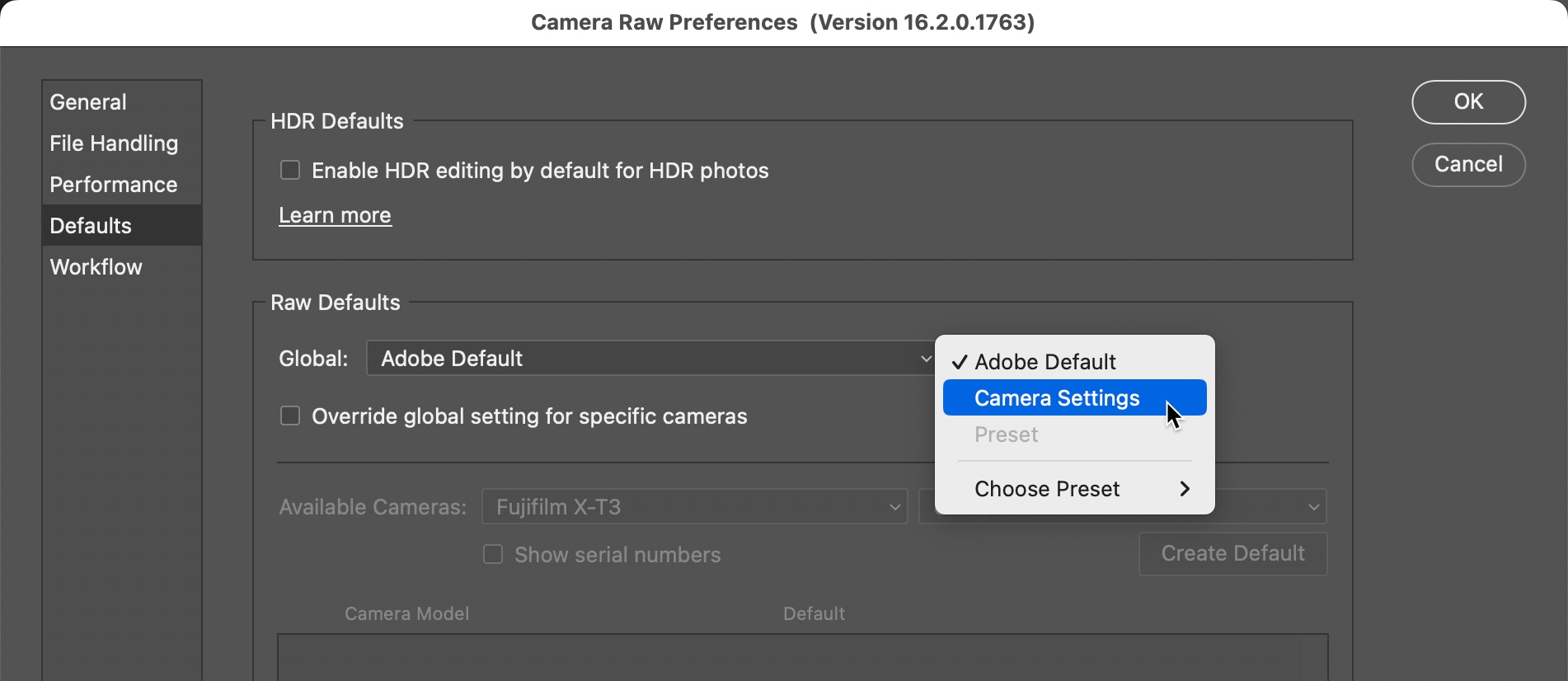 The Camera Raw interface showing the Raw Defaults settings, with Camera Settings selected in a pop-up menu.