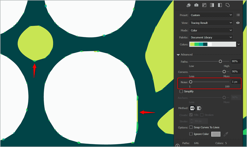 Figure 13. When the Noise level is set too low, extra paths and artifacts will appear around the edges of shapes.