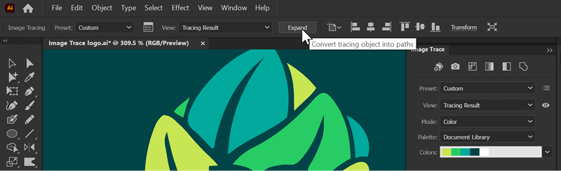 Figure 16. To be able to work with the vector shapes created by Image Trace you must first expand the trace.