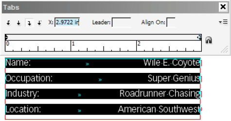Figure 2. Your right-justified tab stop defines the right-hand margin of content following your tab. Position the tab at the edge of the ruler to set your text flush to the right side of your text frame.