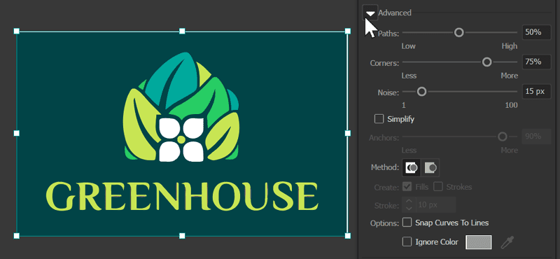 Figure 9. Use the arrow to expand the Advanced settings area of the Image Trace panel.